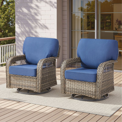 Ensemble de 2 chaises berçantes d'extérieur, chaises berçantes pivotantes en osier gris avec coussins en T et mousse épaisse de 5 po, idéales pour le porche et la cour, bleu