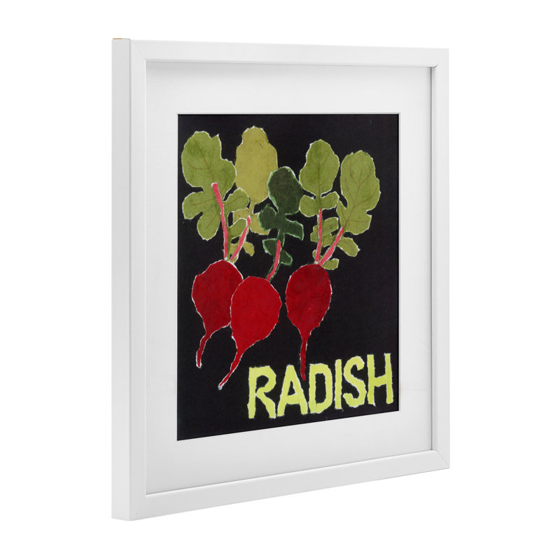 Collage de légumes radis, reproduction encadrée sous verre, conception de Nancy Overton, Cadre blanc côtier