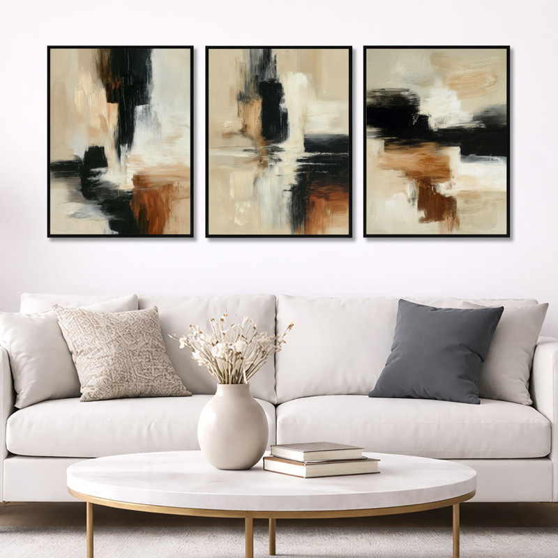 «Black and Brown Brushstroke», ensemble de 3 toiles abstraites encadrées, H 32 po x l 72 po, Cadre flottant noir