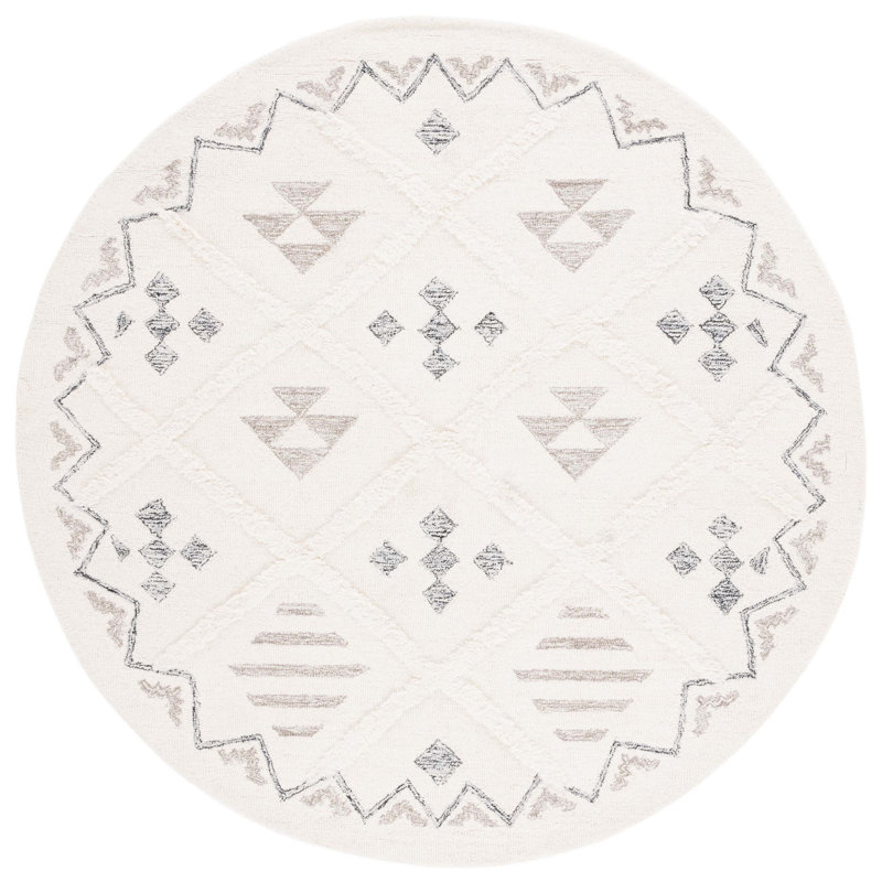 Azaruddin Hand Tufted Wool/Cotton Geometric Rug in Ivory/Black, Round 6'