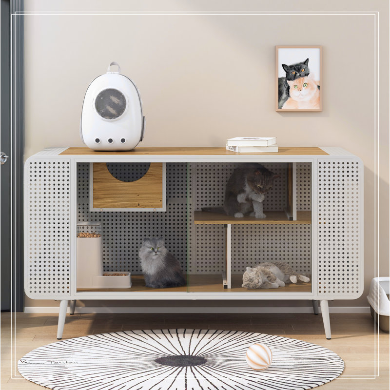 55" White and Wood Cat House with Tempered Glass and Iron Frame