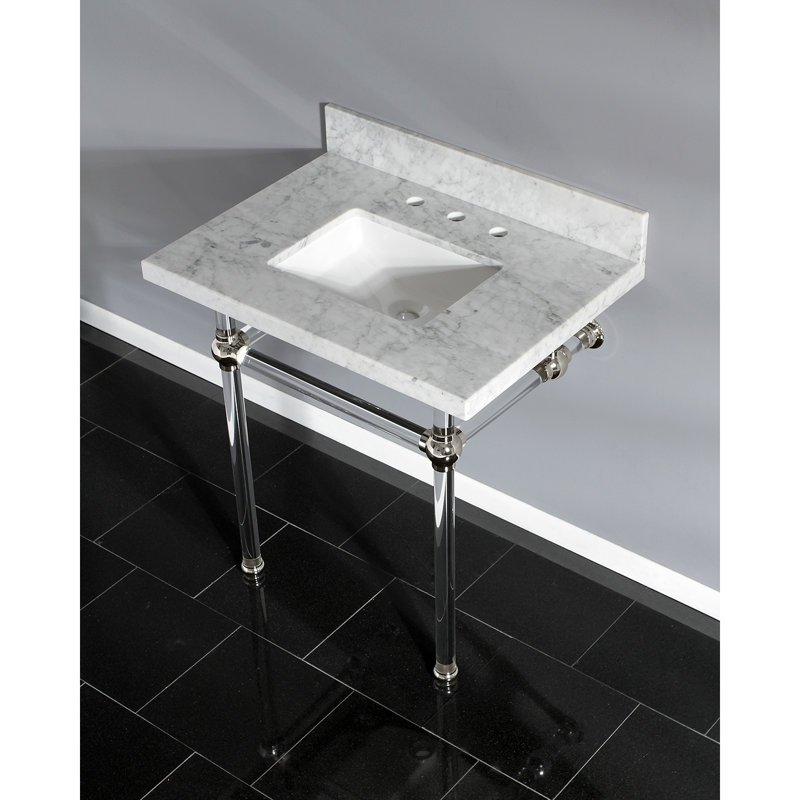 Kingston Brass Templeton 30-Inch Vanity Top with Clear Acrylic Legs (8-Inch, 3-Hole), Carrara Marble/Polished Nickel