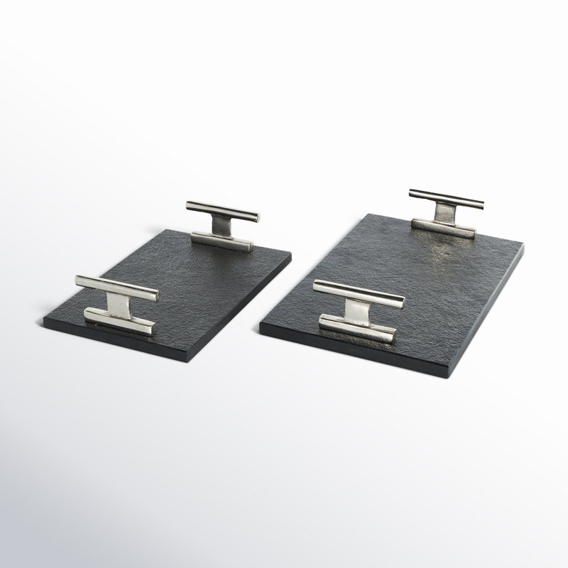 Aedic Mable Tray - Set of 2, Silver/Black, 3.25"Hx9.55"Wx14.85"D & 3.25"Hx8.05"Wx11.85"D