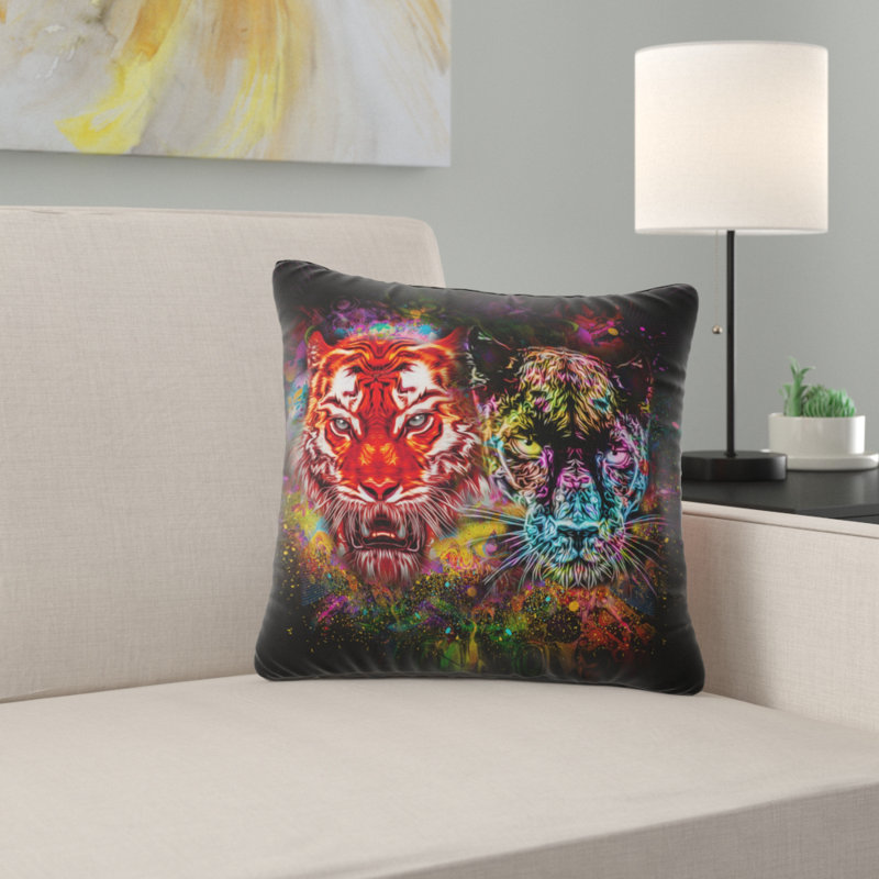 Tigre et panthère avec éclaboussures - Coussin imprimé animal, 16 po x 1 po, Coussin décoratif