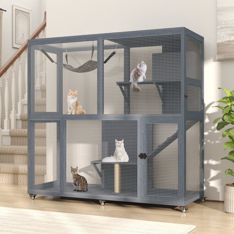Cage pour chat à 4 niveaux pour l'extérieur, portatif pour plusieurs chats, Gris