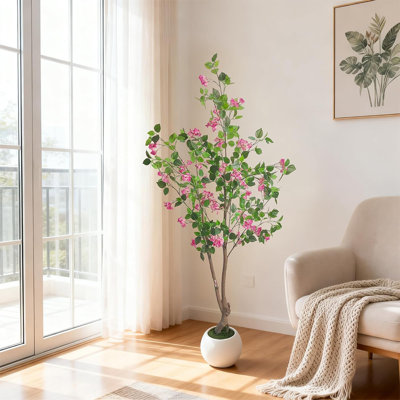 Arbre de bougainvillée artificiel de 47 po, arbre à plusieurs branches en fausse floraison avec pot blanc et sections détachables, plante décorative d'intérieur pour patio de bureau personnel