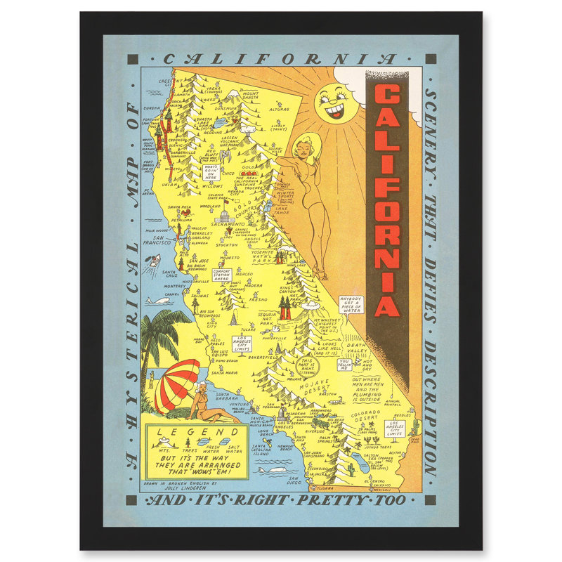 Hysterical Map Lindgren 1948 California Pictorial - Single Picture Frame Print, 45.47cm H x 33cm W