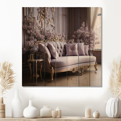 Lilac Couch Adorned With Gilded Accents I - Lilacs Wood Wall Art On Natural Pine Wood