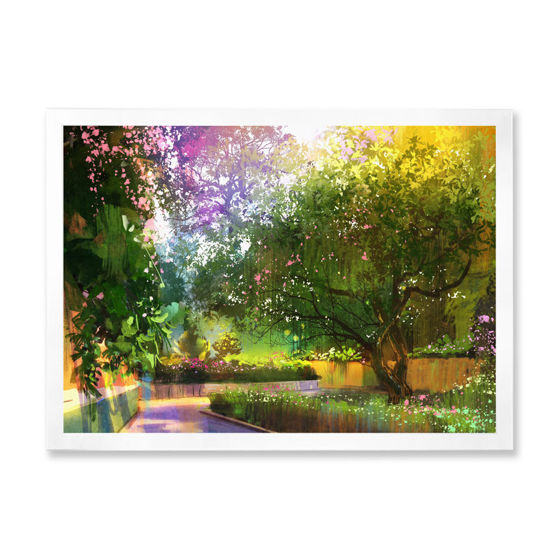 «Vibrant Pathway In A Peaceful Green Park», peinture sur toile, Cadre de coin blanc fermé, H 30 po x l 40 po x P 1,5 po