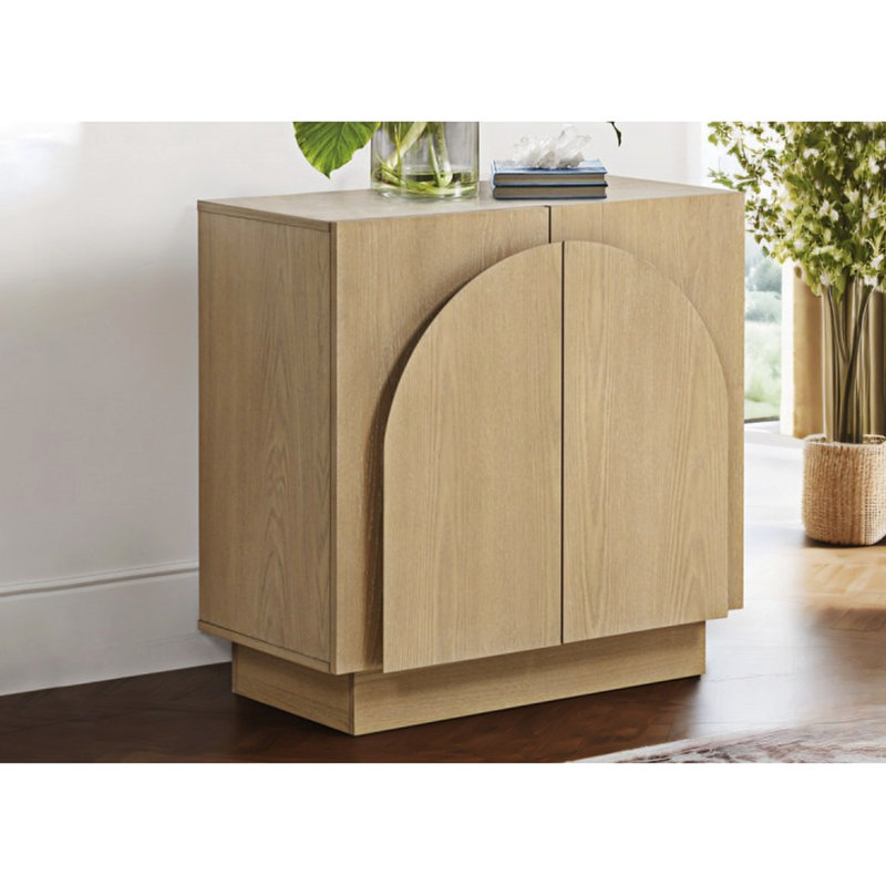 Buffet Mid-Century moderne en bois d'hévéa avec finition en chêne, coins arqués, armoire de rangement Transforms Home Decor Idéal pour l'espace de vie principal, finition propre