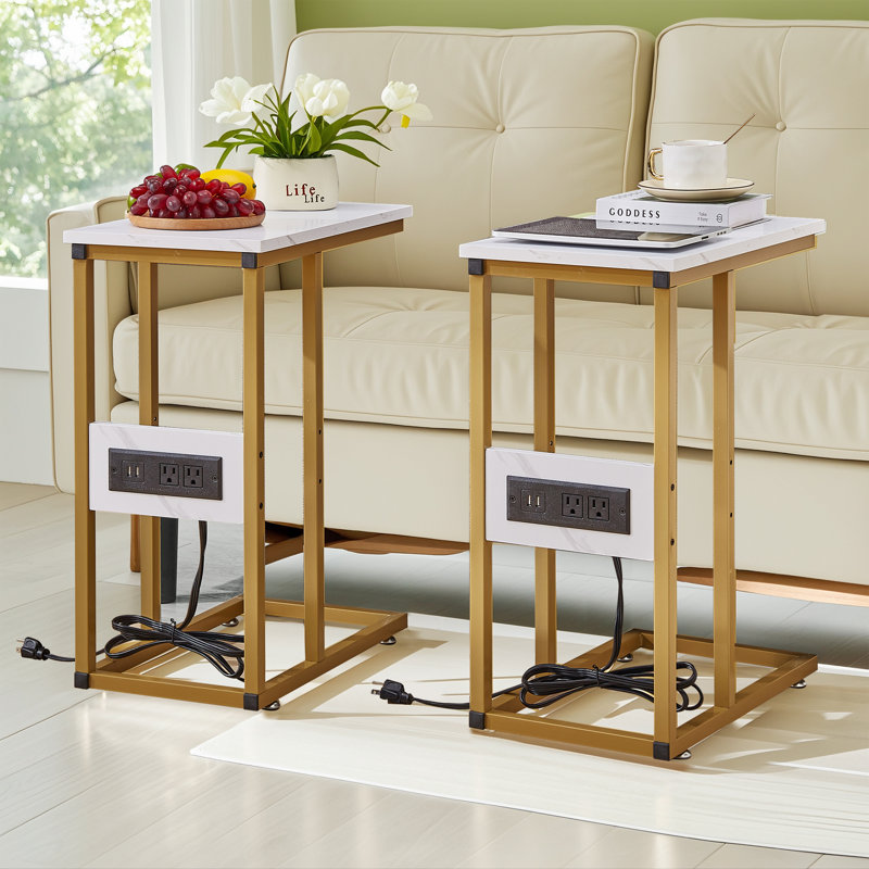 C End Table With USB And Built-In Outlets, Gold/White