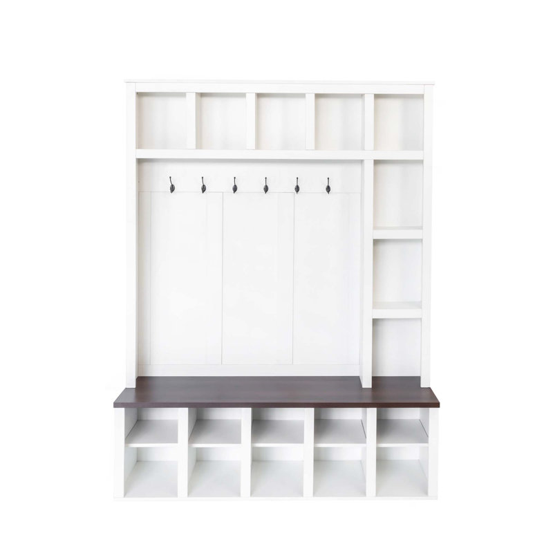 Farmhouse Wooden Style Hall Tree With 6 Hooks,Practical Walnut Storage Bench With Adjustable Shelves,4-In-1 Entryway Shoe Cabinet With 13 Cubbies For Mudroom,Living Room