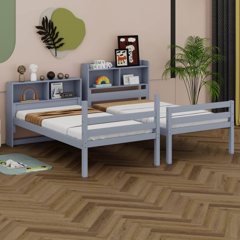 Twin Over Twin Bunk Bed With Shelves,Rubber Wood Bunk Bed With Shelves Headboard,Guardrails And Ladder,Convertible To 2 Beds