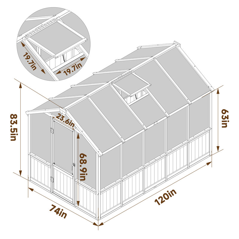 Wooden Polycarbonate Greenhouse, 83.5" H x 74" W x 120" D, Natural Wood