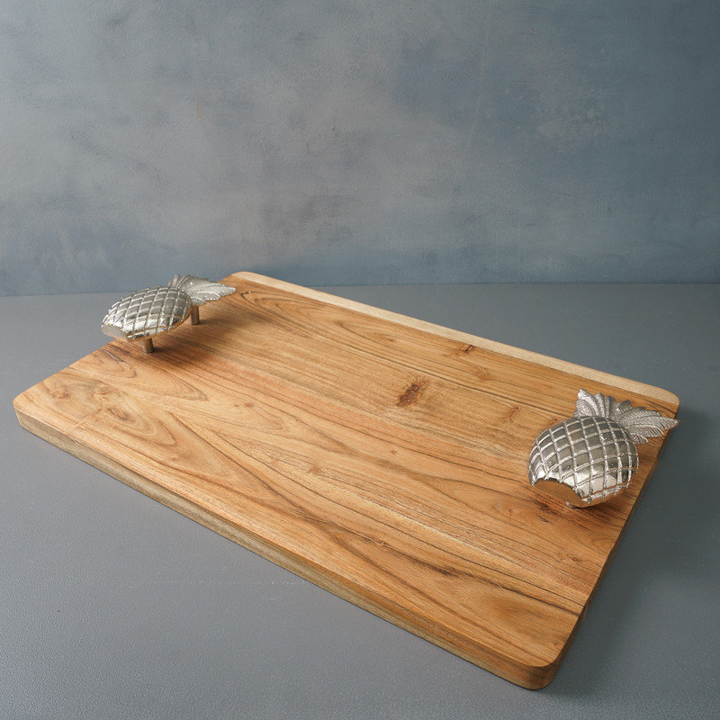 Acacia Wood Serving Board with Silver Pineapple Handles