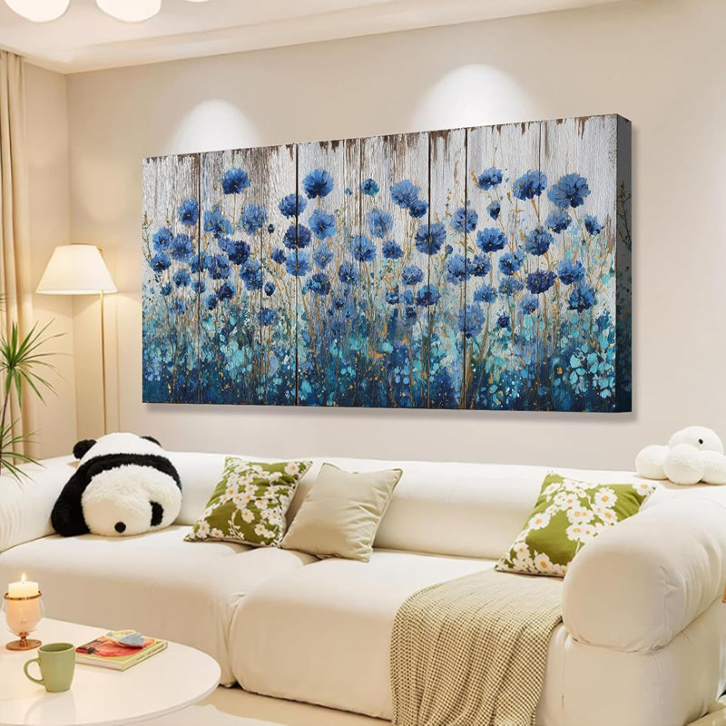 The Mode Art, art floral sur toile bleue, texture de bois, impression de fleurs rustiques pour ferme salon chambre à coucher, décoration intérieure 24 x 48 pouces
