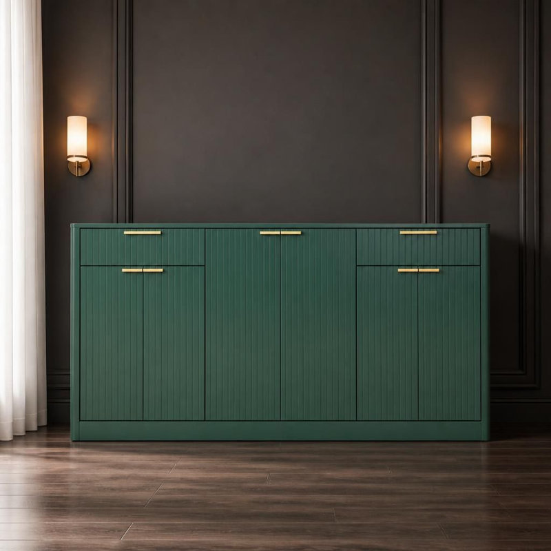 Grand buffet cannelé, meuble de rangement moderne pour bar à vin avec 6 portes et 2 tiroirs, dosseret multifonction pour salle à manger, salon, entrée, doté d'étagères réglables, de ferrures à fermeture douce et d'une construction robuste pour un usage quotidien