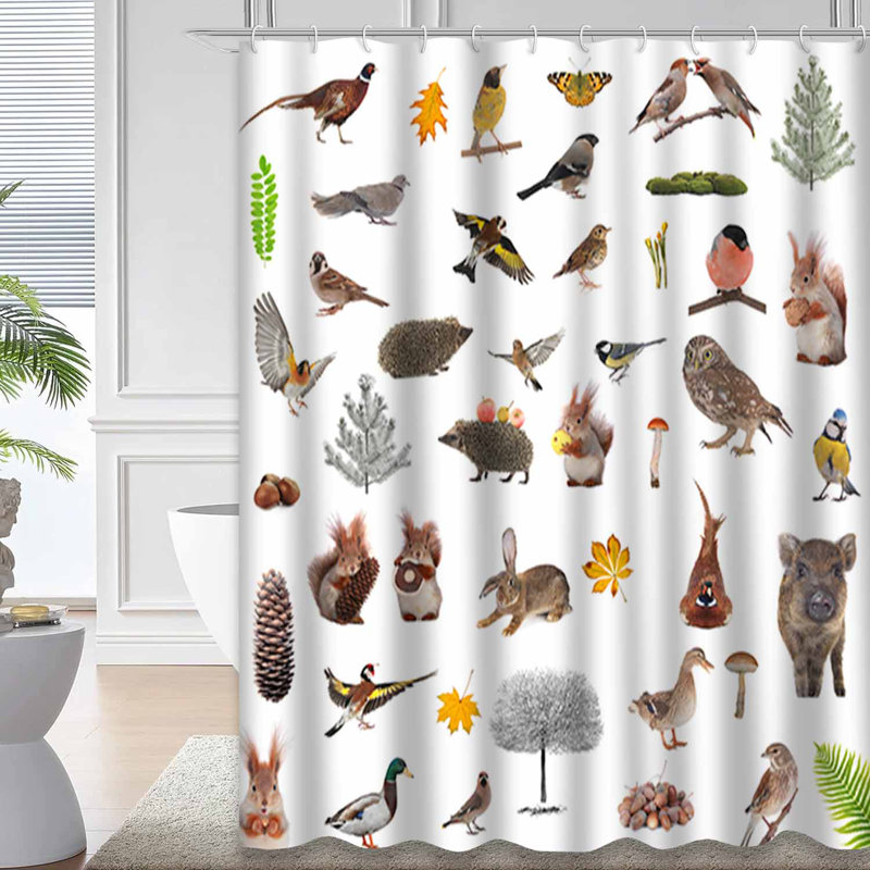 Forest Animals Squirrel Hedgehog Owl Bohemian Shower Curtain with 12 Hooks, 72" L x 72" W