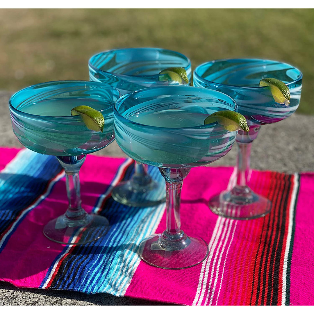 Corena Mexican Hand Blown 16 oz. Margarita Glasses - Aqua Swirl Design (Set of 4) Rosecliff Heights