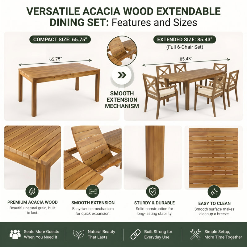 Ensemble de salle à manger d'extérieur en bois d'acacia 7 pièces 67,75 "-85,43" avec coussins crème et table extensible, teck