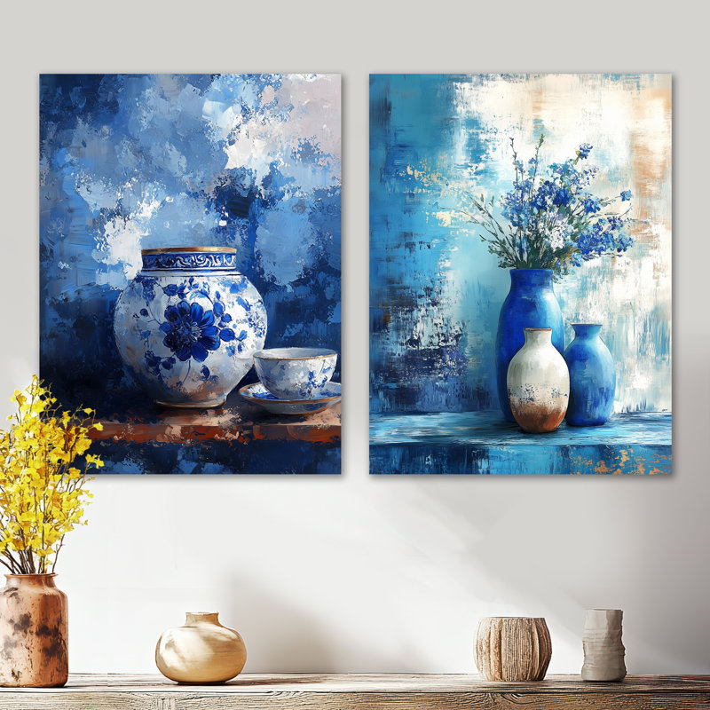 Bleu et blanc contemporain Boho Pottery I - ensemble d'art mural en métal surdimensionné Scenic, 32" H x 48" W