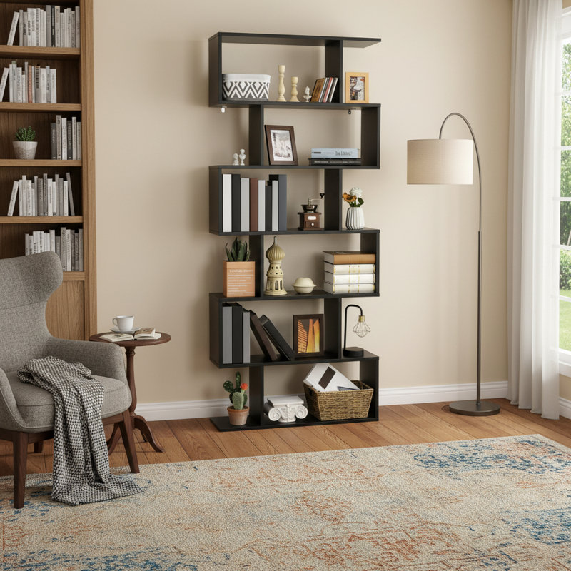 Nafeeza 192cm H x 80cm W Geometric Bookcase, (6 Shelves) 192cm H x 80cm W x 23cm D"., Black