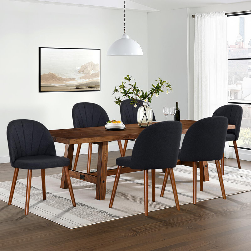 Linen Upholstered Side Chair with Solid Wood Legs (Set of 4), Black