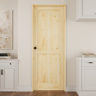 Interior 2‑Panel Pine Wood Door, Colonial Natural Solid Pine Prehung Door, with Jamb Kit, Seal Strip, Left Hand Inswing, Black Hinges & Round Knob, Unfinished & Paintable Door, for Pantry, Bedroom, Bathroom, Closet & Living Room, 32"x 80"