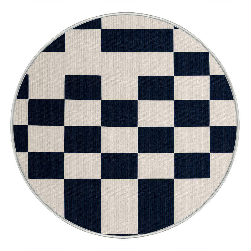 Tapis beige à carreaux lavable à la machine, Rond 4 pi