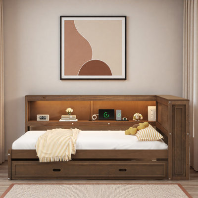 Wooden Daybed With Storage Shelves, Charging Station, Led And Trundle