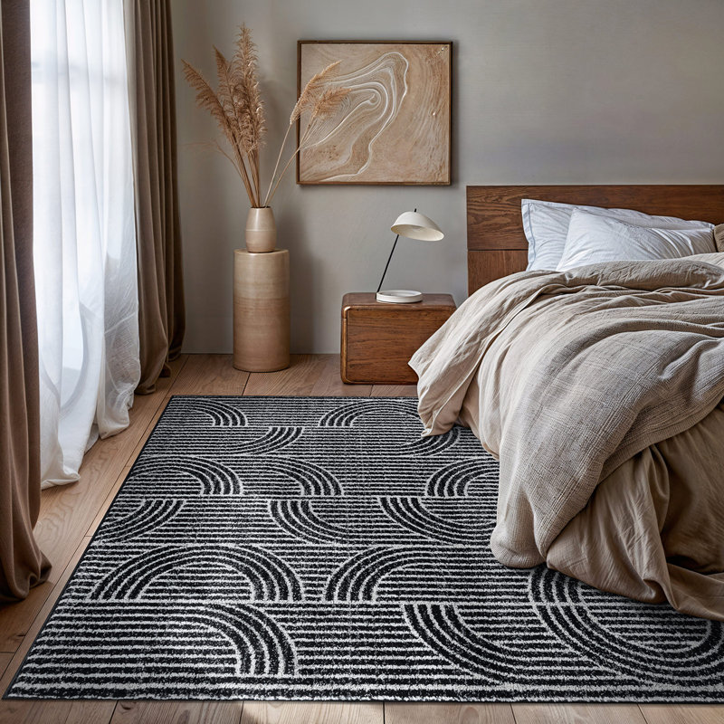 Tapis rayé à motif arche moderne Rambo noir / ivoire / gris, Rectangle 8 pi x 10 pi