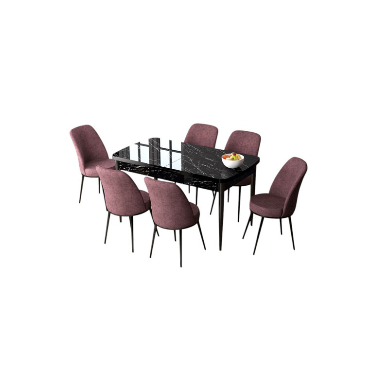 Ensemble de table et chaises de salle à manger moderne extensible (7 pièces), marbre noir et rose cendré | 100% panneau de fibres à densité moyenne avec pieds en métal | Table: 52,0 x 30,7 x 31,0 pouces (ouvert: 66,9 pouces) | Chaises confortables avec 22 dossiers en mousse et 28 sièges en mousse