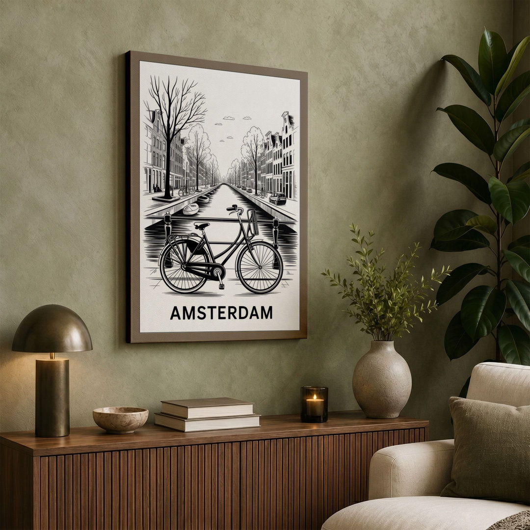 Bicycle on Amsterdam Canal Minimalist - Wrapped Canvas
