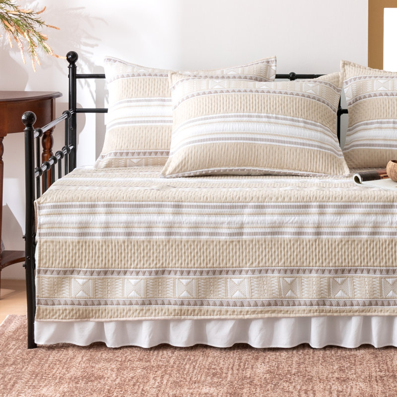 SLEEP ZONE 5 Pcs Daybed Cover Set - Khaki Boho Patchwork Woven Bedding Set with Bed Skirt & 3 Pillow Shams, Rustic Farmhouse Style, 75" x 39" All Season