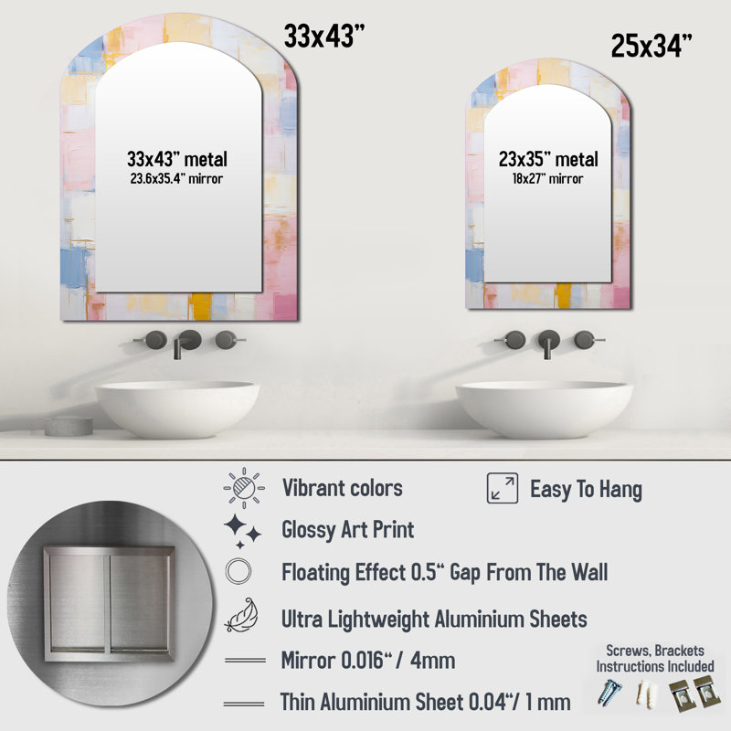 Timeless Moments In Pastel Pink Yellow And Blue - Abstract Paint Arch Mirror, rose asymétrique, miroir mural décoratif, impression sur métal