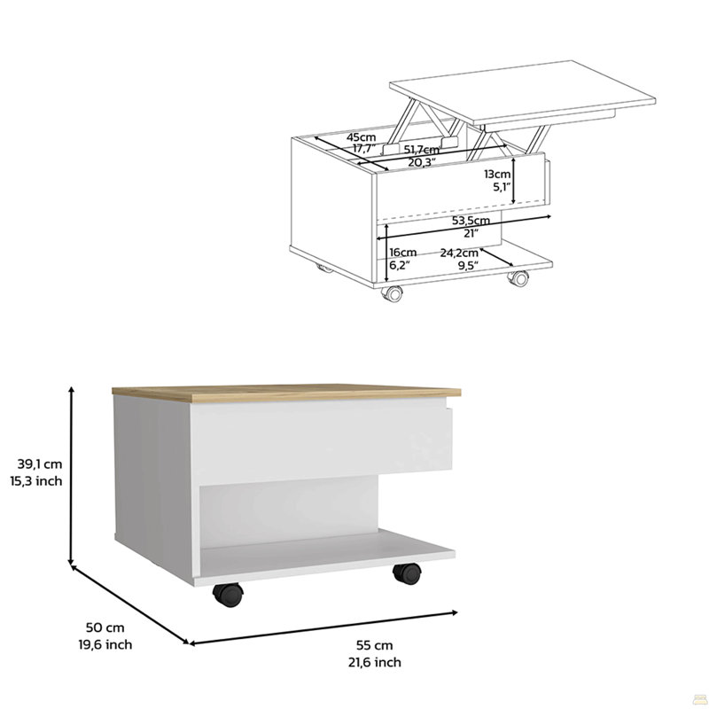 Table basse à plateau relevable Mercuri, roulettes