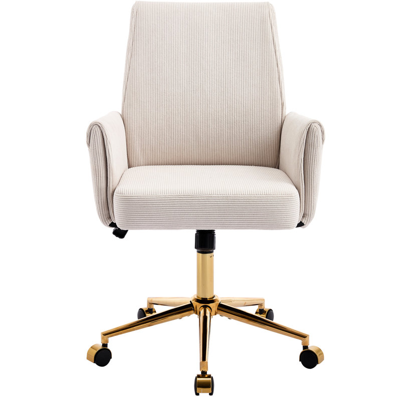 Mid-Back Liftable Office Chair With White Corduroy Striped, Ergonomic And A Golden Base Dazzling Ornamental, White, White