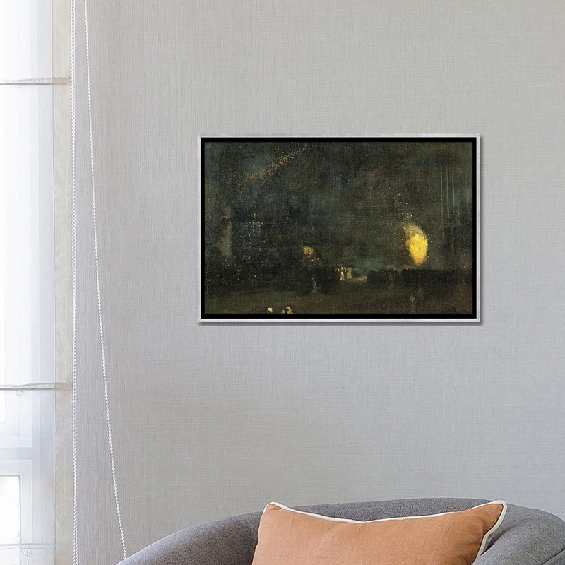 Nocturne noir et or - La roue du feu - reproduction d'art murale - toile encadrée, 18 po x 26 po, Toile avec cadre, Argent