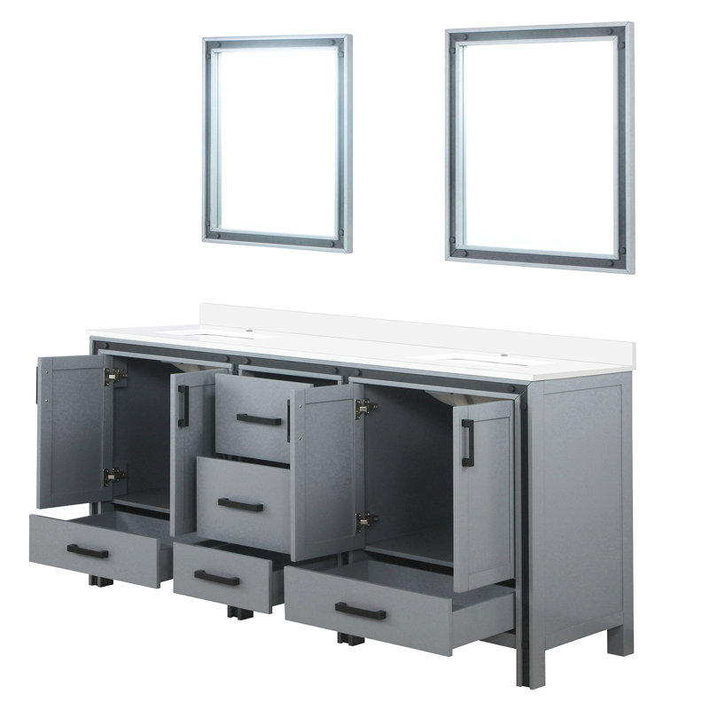 Meuble-lavabo double gris foncé de 72 po L avec plateau en quartz blanc et 30 miroirs - armoires et tiroirs, Gris foncé