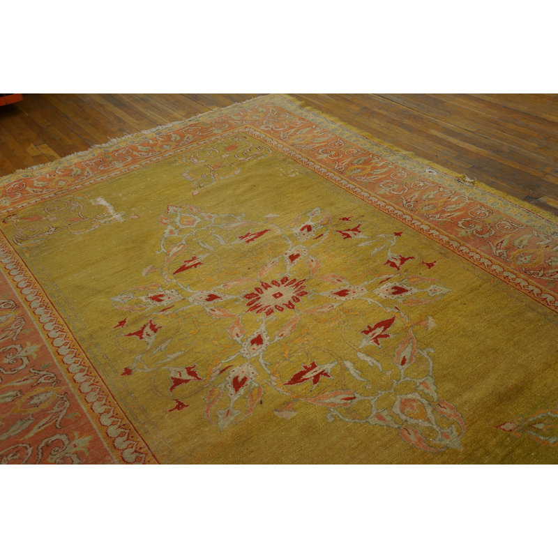 Hand Knotted Pile Rectangle 1880s Yellow / Gold Wool Antique Turkish Oushak Rug