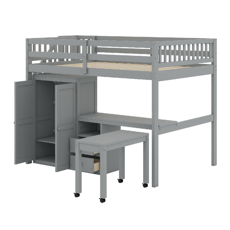 Lit mezzanine avec escalier, Gris, Lit double