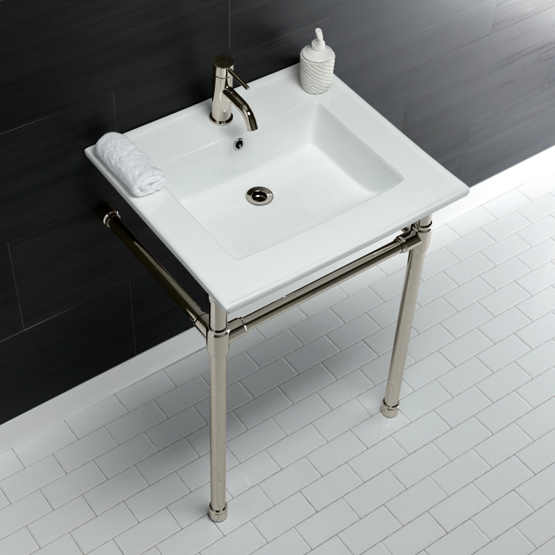 Kingston Brass Dreyfuss 25-Inch Ceramic Console Sink with Stainless Steel Legs, Polished Nickel, Single
