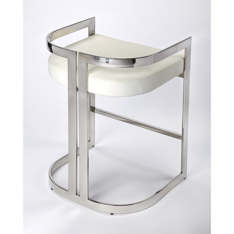 Butler Bravo Faux Leather Counter Stool, White, Silver, Counter Stool (24.5” Seat Height)