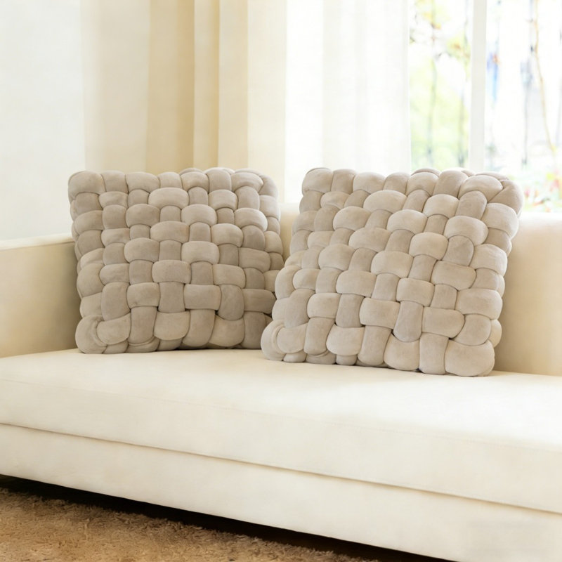 2 Pcs Soft Velvet Knot Square Pillows, Beige