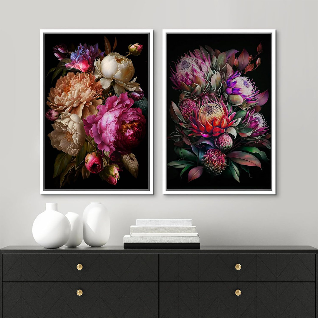 Flower Blossom Moody Colorful Blossom Flowers Bouquet Floral & Botanical Framed Canvas 2 Pieces Print Wall Art IDEA4WALL Frame 