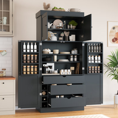 Tall Freestanding Kitchen Pantry With Adjustable Shelves, Door Shelves, Drawers, And Wine Racks, Modern Shaker Style