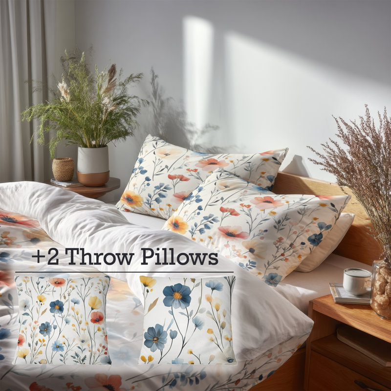 Ensemble de literie à motif floral de 5 - Ensemble de housse de couette et coussin décoratif Boho