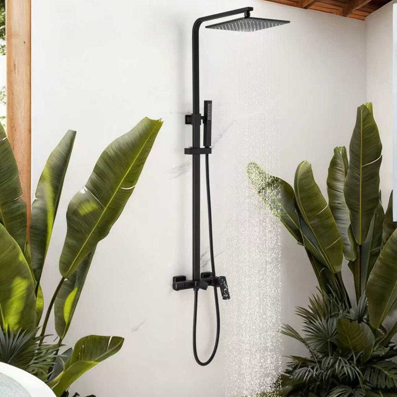 Wall Mounted Solid Brass 3-Function Temperature Control Outdoor Shower with Handheld Shower Head and Footwash, Matte Black