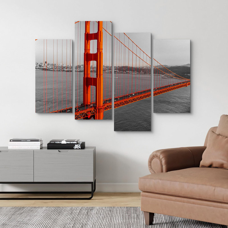 «Red Golden Gate Bridge In San Francisco Nature Wilderness Art moderne, très grand décor pour chambre à coucher sur toile, ensemble de 4 pièces