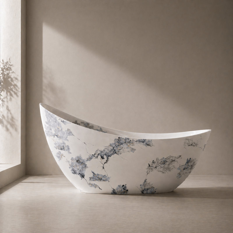 74" Freestanding Resin Stone Bathtub With Ink-wash Pattern, Solid Surface Bathtub With Sloped Backrest